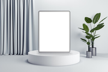Aufkleber - Modern concrete interior with empty white mock up tablet on pedestal, curtain and decorative plant. 3D Rendering.