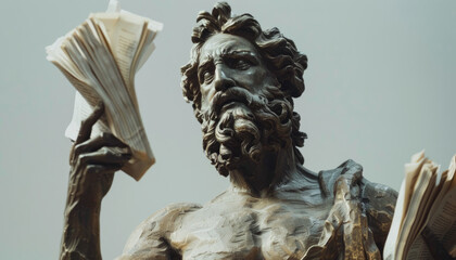 An antique sculpture of a writer and philosopher with flying documents, studying and teaching at the university.