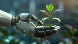 © Paphawin - A robotic hand with a caring touch holds a young, vibrant green plant, symbolizing the harmony of technology and nature.