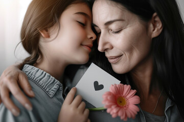 Wall Mural - Woman is holding card with heart on it and flower