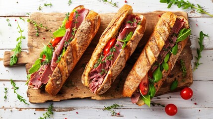 Poster - Three sandwiches with meat and tomatoes on wooden board