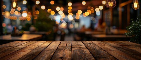 Poster - Brown wooden table with blurred restaurant background great for displaying products