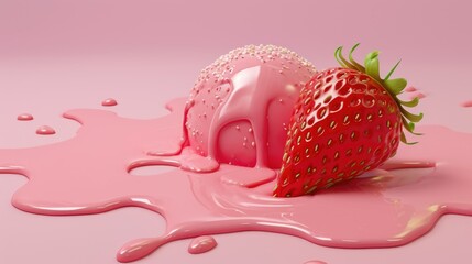 Wall Mural - Strawberry and ice cream are melting on pink surface