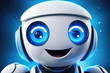 Robot with blue eyes and white face is smiling