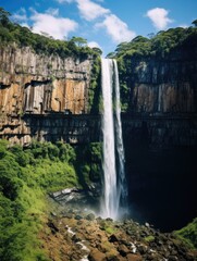 Wall Mural - Waterfall is flowing down rocky cliff