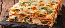 Close Up Photo Of Lasagna With Chicken Mushrooms Cheese Herbs And Bechamel Sauce On A Slate Plate