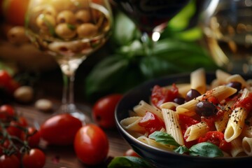 Wall Mural - Collage of pasta images featuring penne with tomato basil olives red wine olive oil and salad