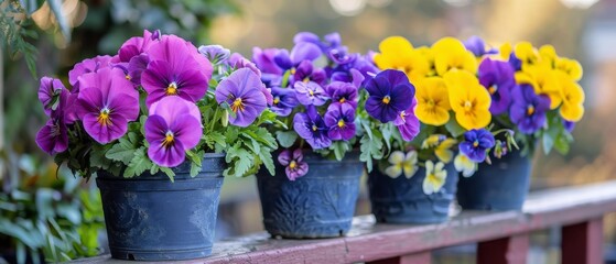 Wall Mural - Colorful flower pots with viola cornuta and pansies hanging on balcony fence