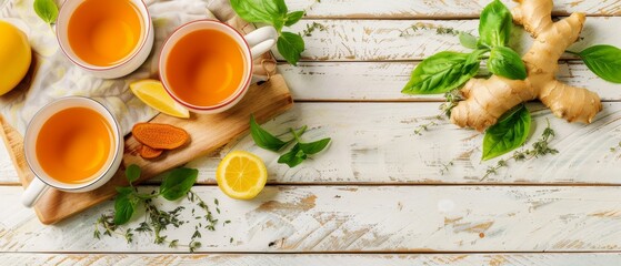 Poster - Composition of ginger tea and ingredients on a wooden background