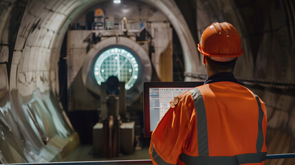 Wall Mural - Engineer is checking the performance of a hydroelectric power plant via a monitor screen