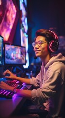 Poster - A young smiling Asian man, Gamer, streamer, Student wearing headphones, playing an online video game on a computer in a game room with neon pink lighting, Live streaming. Esports, Technology concepts.