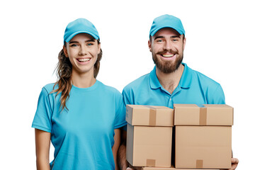 Couple delivery staff holding cardboard boxes