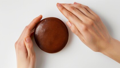 Wall Mural - Dorayaki pictured on a white background with hands