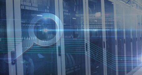 Poster - image of a magnifying glass icons over an empty server room
