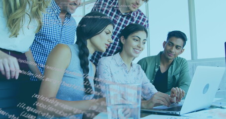 Poster - Image of data processing over team of colleagues using laptop