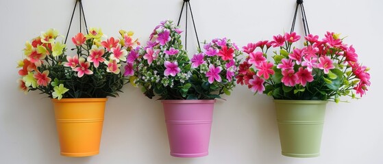 Wall Mural - Faux flowers in hanging pots decorate the wall