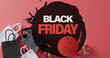 Image of black friday text over gift boxes and bags