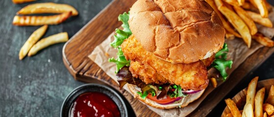 Fish finger sandwich with fries on a wooden board