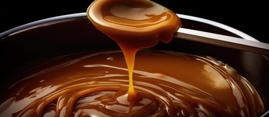 Sticker - Caramel is a liquid food ingredient being poured into a bowl using a spoon. This staple food is a sweet and delicious addition to any recipe or dessert