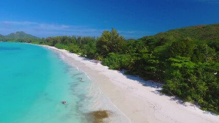 Sticker - Praslin Beach, Seychelles. Aerial view of tropical coastline on a sunny day