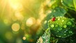 Tropfen Morgentau und Marienkäfer auf jungen saftigen frischen grünen Blättern , Drops of morning dew and ladybugs on young juicy fresh green leaves