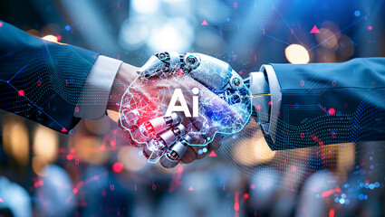 Poster - Man and robot handshake, digital AI brain hologram. Ai generative illustration