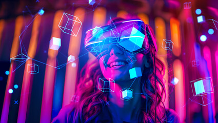 Poster - smiling woman in vr headset, cyberspace. ai generative illustration