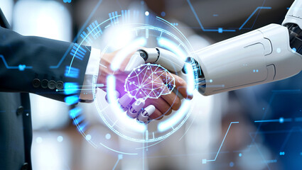 Poster - Man and robot handshake, machine brain hologram. Ai generative illustration