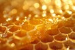 Close-up of glistening honeycomb, golden hues with sparkling droplets, embodying natural sweetness and bee productivity concept