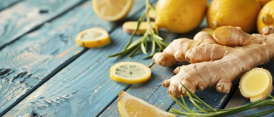 Wall Mural - Ginger and lemon composition on wooden background
