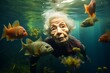 
Portrait of an elderly woman peacefully floating underwater in a tranquil lake, surrounded by aquatic plants. She is a retired marine biologist from Japan, conducting personal research on the effects