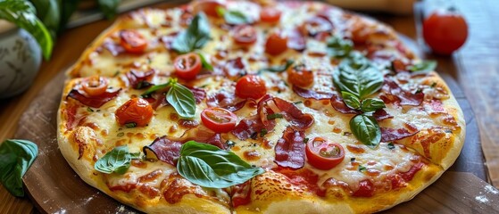 Wall Mural - Italian Capricciosa pizza with cheese bacon tomatoes and basil