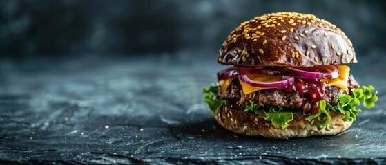 Wall Mural - Juicy burger with pulled pork in cheddar cheese onion lettuce dark background View from front