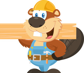 Wall Mural - Cute Beaver Carpenter Cartoon Character Holding Wood Plank. Vector Illustration Flat Design Isolated On Transparent Background