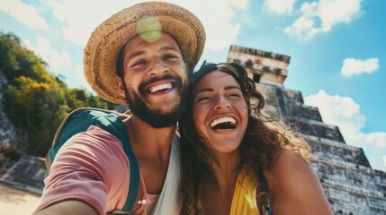 Wall Mural - Joyful Pair Capturing Selfie Moment Against the Majestic Background of Chichen Itza, Mexico.