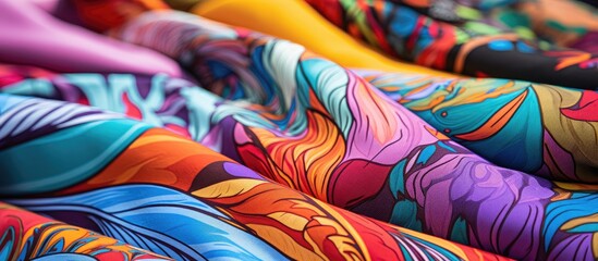 Poster - A vibrant display of Textile art featuring colorful fabrics stacked with patterns in magenta. Perfect for creating stylish sportswear or unique sleeves and thigh shorts designs