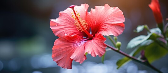 Poster - A closeup of a pink Hawaiian hibiscus flower, a terrestrial plant in the Malvales order, blooming on a tree branch. A beautiful event in the life cycle of this annual herbaceous plant