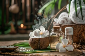 Poster - Natural coconut essential oil safe skincare rich in vitamins used in spa massages organic cosmetics on wooden backdrop