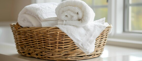 New towels neatly folded in rattan basket