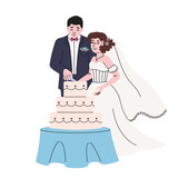 Fototapeta Pokój dzieciecy - Bride and groom cut cake. Wedding illustration in doodle style.