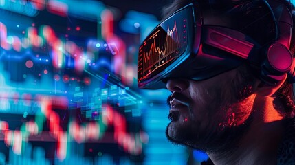 Poster - Man Experiencing Virtual Reality Financial Analytics A man is immersed in virtual reality, engaging with an interactive financial analytics display, highlighting the integration of VR technology in m
