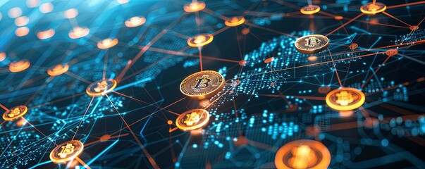Poster - Bitcoin Network Connections and Cryptocurrency Concept Floating Bitcoin coins connected by a dynamic network of lines and dots, representing the intricate web of cryptocurrency transactions and block
