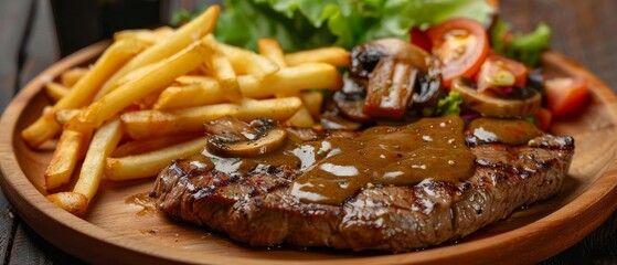 Sticker - Seared steak with mushroom sauce fries and salad on wooden platter