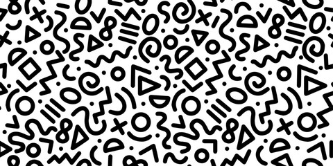 Poster - Black and white Memphis made from various shapes creating a pattern. Background of squiggles and different shapes.