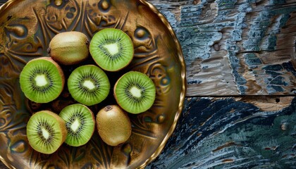 Sticker - Split a kiwi in half with mini kiwis on a golden metal leaf plate placed on a wooden background isolated