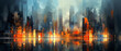 Abstract oil painting of a city