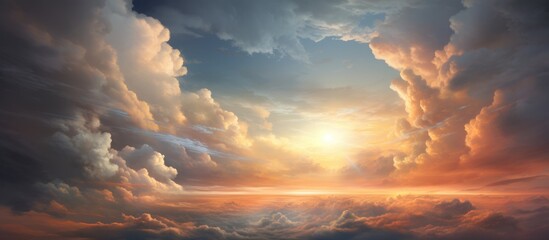 Poster - The sun is breaking through the cumulus clouds in the sky, creating a beautiful afterglow in the natural landscape during dusk