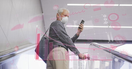 Poster - Image of data processing over senior man wearing face mask