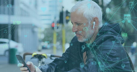 Poster - Image of social media icons and network of connections over senior man using smartphone