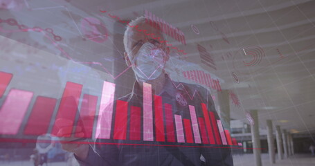Poster - Image of data processing over senior man wearing face mask